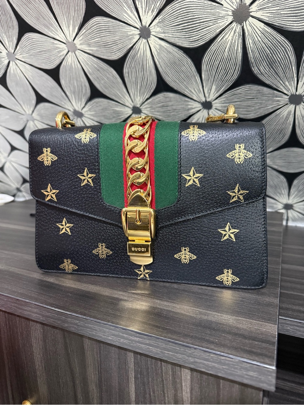 Gucci Black Leather Shoulder Bag with Gold Bee & Star Motifs and Green-Red Web